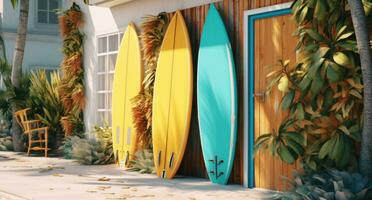 AI generated yellow surf boards lean against the side of a house photo