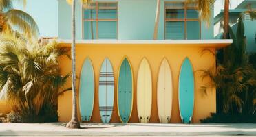 AI generated yellow surf boards lean against the side of a house photo