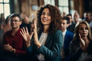 AI generated young businesswoman raises hand during audience question day photo