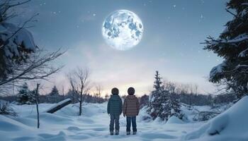 ai generado dos joven Niños estar en el nieve con vista a un blanco Luna foto