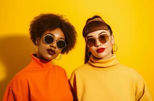 AI generated two young women wearing sunglasses stand on a yellow background photo
