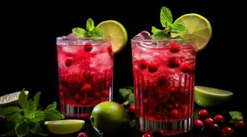 AI generated two drinks with cranberries, ginger, lime and lime zes photo