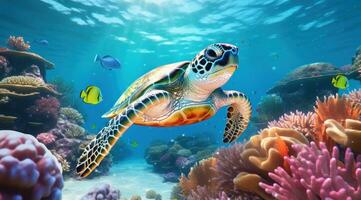 ai generado Tortuga nadando en agua con coral foto