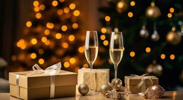 AI generated champagne glasses, champagne and gift boxes on a table with christmas tree photo