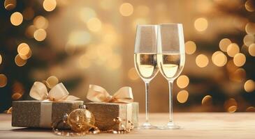 AI generated champagne glasses, champagne and gift boxes on a table with christmas tree photo