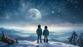 ai generado dos niños en pie en el nieve acecho el Luna desde el acantilado foto