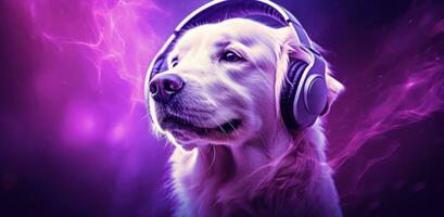 AI generated the dog is listening to music and has a purple headphone photo