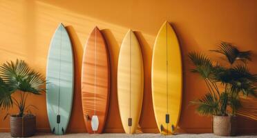 ai generado Tres tablas de surf en contra un amarillo pared foto