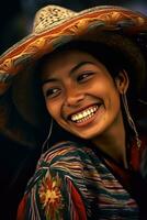 ai generado un sonriente mujer vistiendo un vistoso sombrero foto