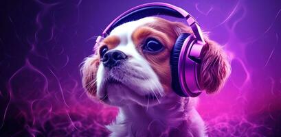 AI generated the dog is listening to music and has a purple headphone photo