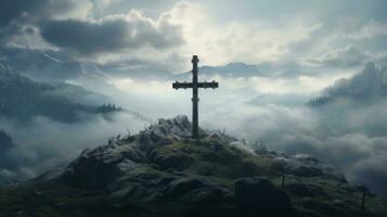 AI generated the cross surrounded by clouds and fog photo