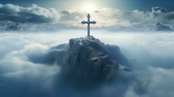 AI generated the cross surrounded by clouds and fog photo