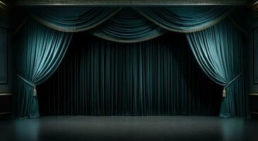 AI generated stage curtains with dark wooden floor stock photo