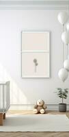 AI generated the crib is inside of a white room with balloons and frames photo