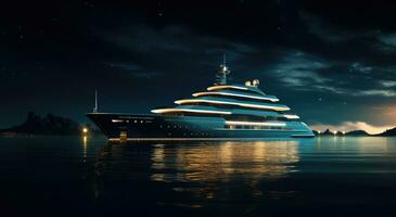 AI generated super yacht at night by the sea photo