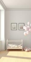 AI generated the crib is inside of a white room with balloons and frames photo