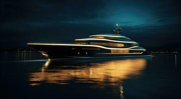 AI generated super yacht at night by the sea photo