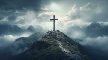 AI generated the cross surrounded by clouds and fog photo