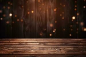AI generated Empty wooden table top with lights bokeh on blur background An empty wooden counter table top for product display Ai generated photo
