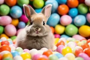 AI generated Vibrant Easter background, eggs, and an adorable bunny, creating joyful and festive vibes photo