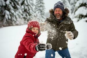 ai generado papá y hijo disfrutar un Nevado día, juguetón bola de nieve peleas foto