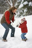 ai generado papá y hijo disfrutar un Nevado día, juguetón bola de nieve peleas foto