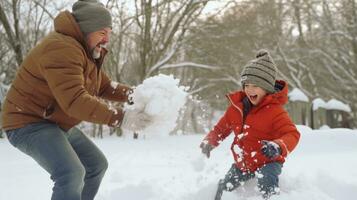 ai generado papá y hijo disfrutar un Nevado día, juguetón bola de nieve peleas foto