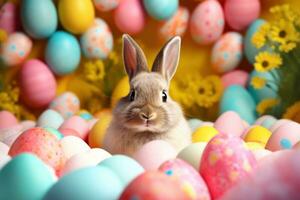 AI generated Vibrant Easter background, eggs, and an adorable bunny, creating joyful and festive vibes photo