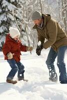 ai generado papá y hijo disfrutar un Nevado día, juguetón bola de nieve peleas foto