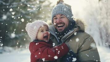 ai generado papá y hijo disfrutar un Nevado día, juguetón bola de nieve peleas foto