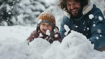 ai generado papá y hijo disfrutar un Nevado día, juguetón bola de nieve peleas foto