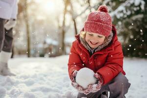 ai generado papá y hijo disfrutar un Nevado día, juguetón bola de nieve peleas foto