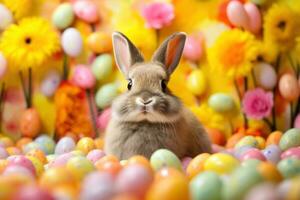 AI generated Vibrant Easter background, eggs, and an adorable bunny, creating joyful and festive vibes photo