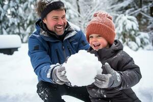 ai generado papá y hijo disfrutar un Nevado día, juguetón bola de nieve peleas foto