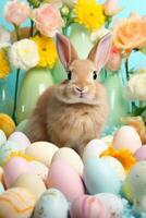 AI generated Vibrant Easter background, eggs, and an adorable bunny, creating joyful and festive vibes photo