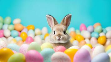 AI generated Vibrant Easter background, eggs, and an adorable bunny, creating joyful and festive vibes photo