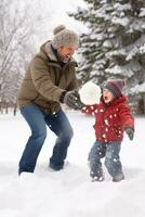ai generado papá y hijo disfrutar un Nevado día, juguetón bola de nieve peleas foto