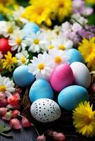 AI generated Easter background with lively colors, decorated eggs, and room for festive greetings photo