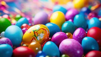 AI generated Easter background with lively colors, decorated eggs, and room for festive greetings photo