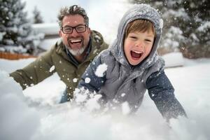 ai generado papá y hijo disfrutar un Nevado día, juguetón bola de nieve peleas foto