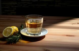 AI generated rosemary tea and lemon on the wooden table photo