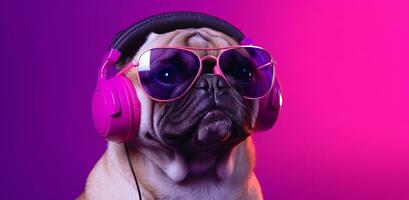 AI generated pug with headphones listening to music on purple background photo