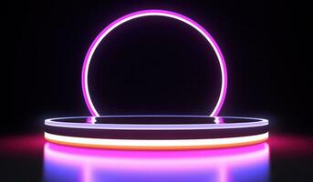 AI generated round circular neon globe and white base on a dark background neon photo