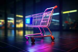 AI generated shopping cart at night on a dark neon floor photo