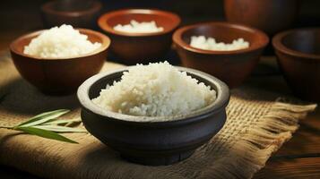 AI generated rice and garlic bowl on a brown wooden table photo