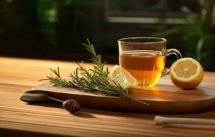 AI generated rosemary tea and lemon on the wooden table photo