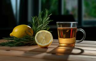 AI generated rosemary tea and lemon on the wooden table photo