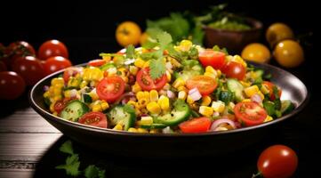 AI generated salad of tomatoes, cucumber and corn with dressing photo