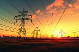 AI generated silhouette of power lines at sunset photo