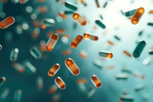 AI generated small pills flying across the glass photo